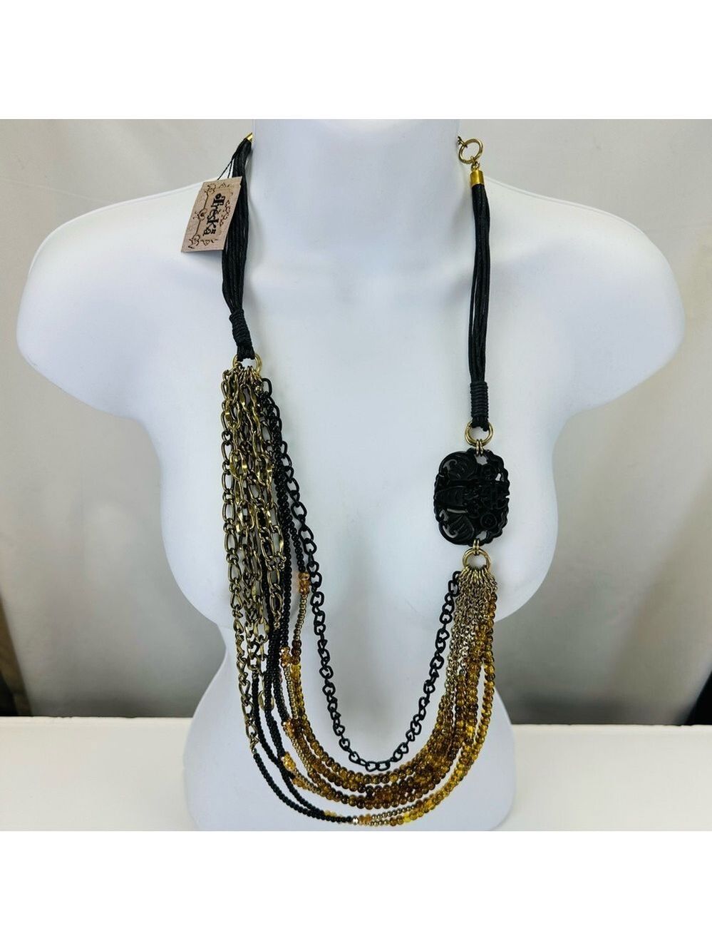 Treska NEW Mandarin necklace gold black multi chain carved resin Chunky 36in